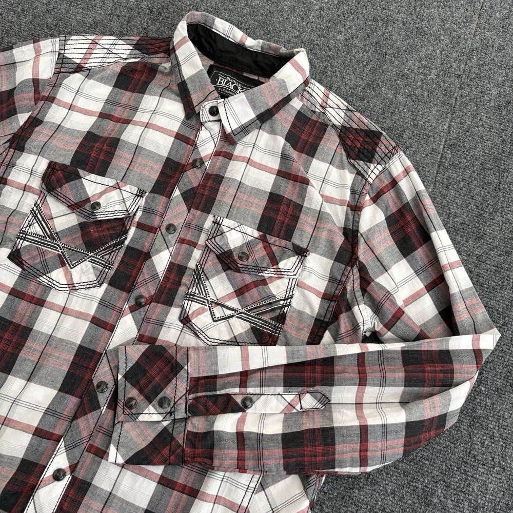 BKE Buckle Plaid Shirt Mens M‎ Pearl Snap Standard Fit Western Cowboy Red Black